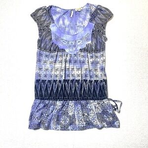 One World Tunic Blouse Women M Purple Gray Abstract Scoop Neck Short Sleeve Top